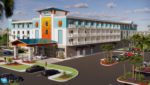 Rendering of a modern, turquoise-accented hotel named COMPASS with orange entrance, multi‑level balconies, and palm-lined landscaping.