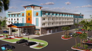 Rendering of a modern, turquoise-accented hotel named COMPASS with orange entrance, multi‑level balconies, and palm-lined landscaping.