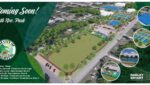 Aerial rendering of the future 14th Ave Park in Palmetto, with circular insets showing tennis courts and playgrounds.