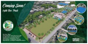 Aerial rendering of the future 14th Ave Park in Palmetto, with circular insets showing tennis courts and playgrounds.