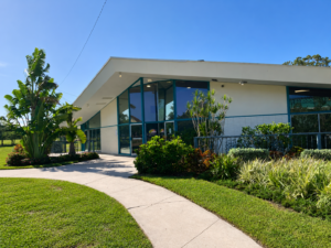 Modern glass-front building entrance surrounded by tropical plants and a curved concrete walkway on a sunny day.