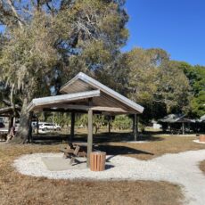 Park scene with a wooden pavilion, picnic table, and tall trees under a clear blue sky.
